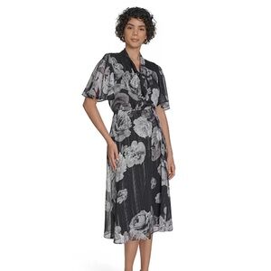 Calvin Klein Black Floral Midi Dress with Gray Rose Print